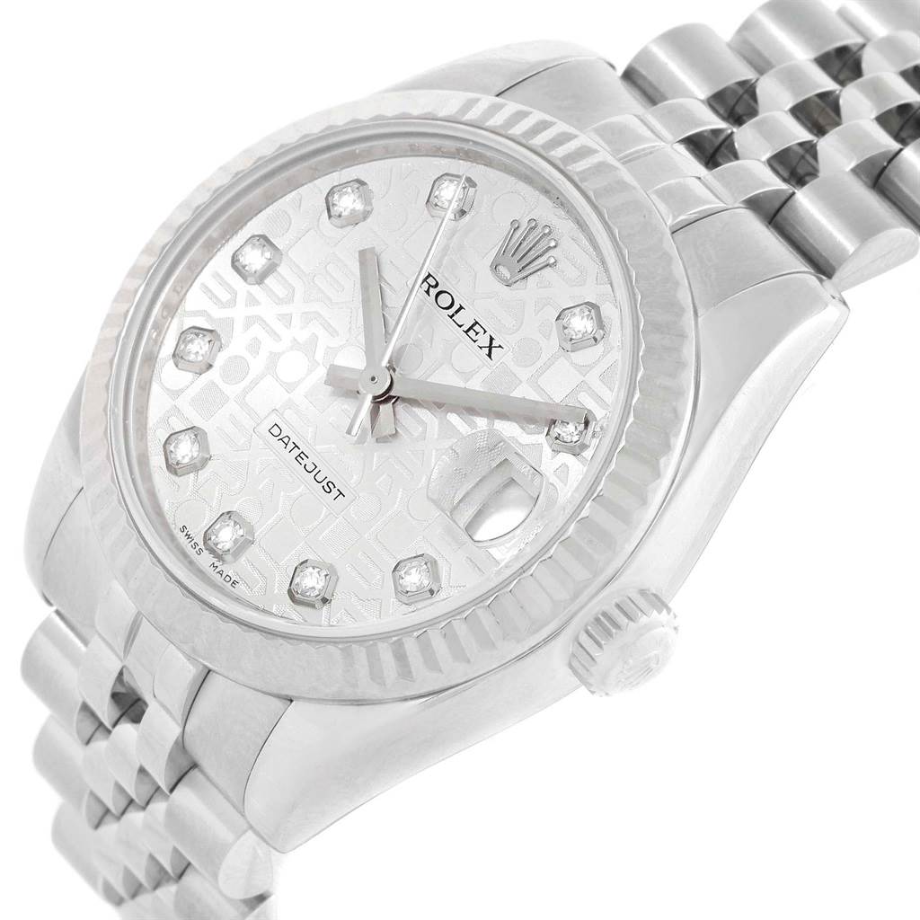 This image shows a Rolex Mid-Size 178274 Women's Stainless Steel Silver Dial 178274 Women's Stainless Steel Silver Dial Datejust watch at an angled view, highlighting the face, bezel, crown, and bracelet.