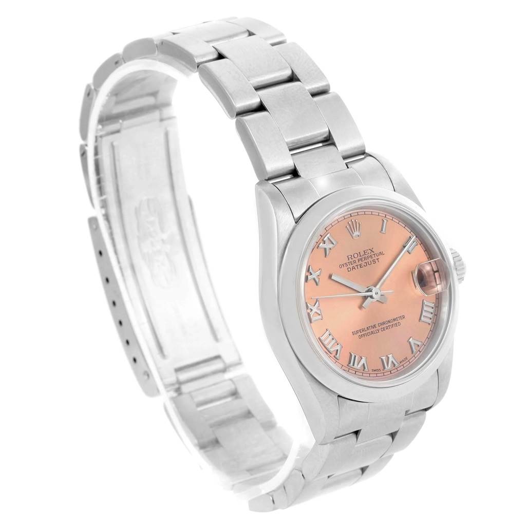 The Rolex Mid-Size 68240 Women's Stainless Steel Pink Dial 68240 Women's Stainless Steel Pink Dial model watch is shown at a slight angle, displaying the dial, bezel, and part of the bracelet and clasp.