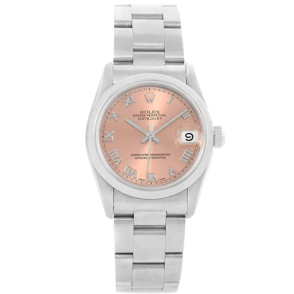 The Rolex Mid-Size 68240 Women's Stainless Steel Pink Dial 68240 Women's Stainless Steel Pink Dial Oyster Perpetual Datejust watch is shown from a front angle, displaying the dial, hands, bracelet, and date window.