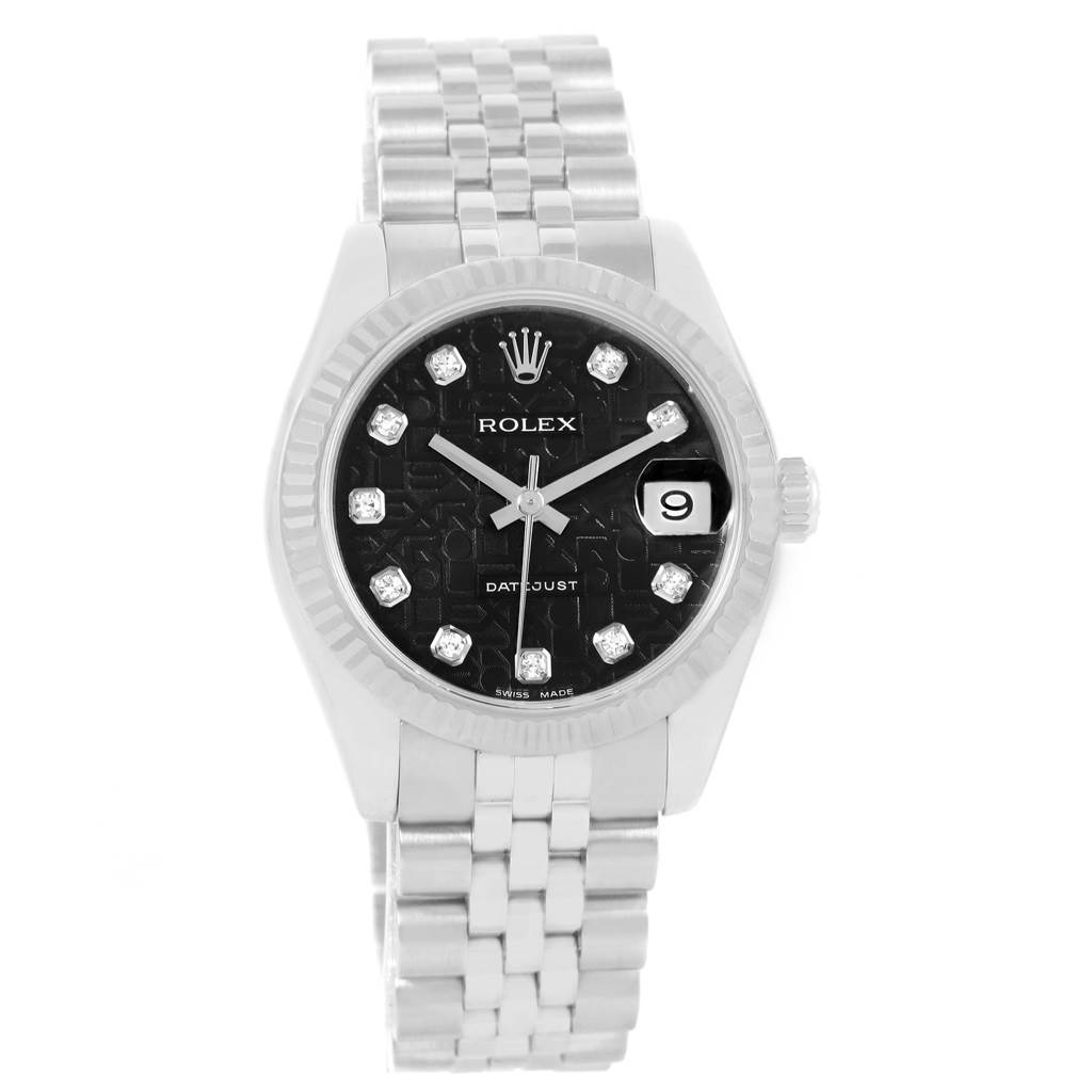The image shows a frontal view of the Rolex Mid-Size 178274 Women's Stainless Steel Black Dial 178274 Women's Stainless Steel Black Dial Datejust watch, highlighting the black dial, fluted bezel, and Jubilee bracelet.