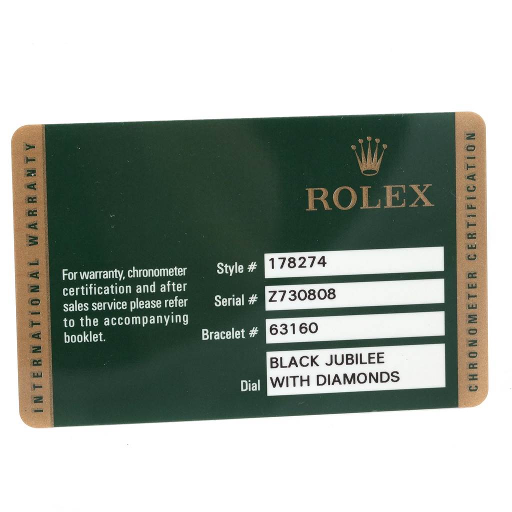 This image shows the warranty card for a Rolex Mid-Size 178274 Women's Stainless Steel Black Dial 178274 Women's Stainless Steel Black Dial model watch with the style #178274.