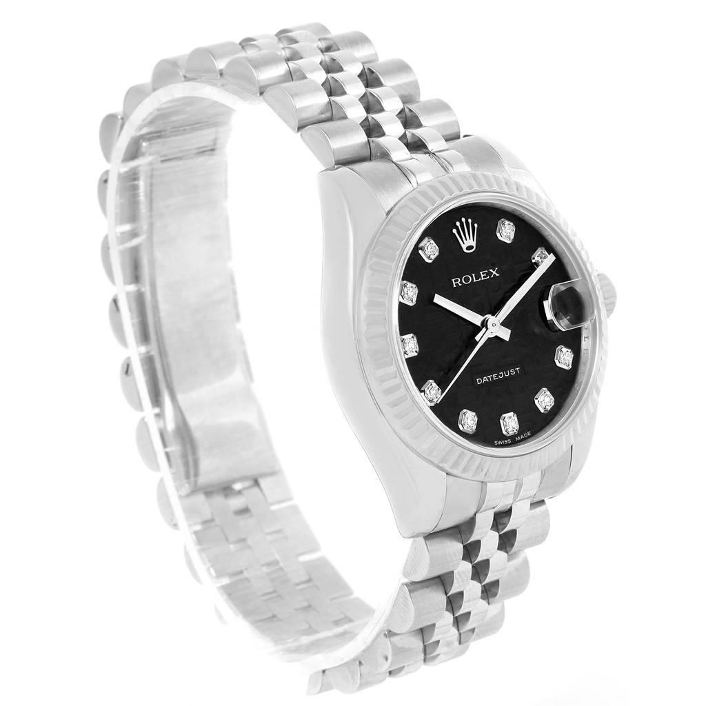 This image displays a Rolex Datejust Mid-Size watch at an angle showing the face, bezel, crown, and part of the bracelet.