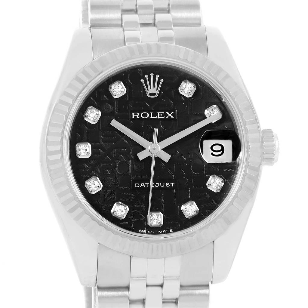 The image shows a front view of a mid-size Rolex Datejust watch, highlighting its dial, bezel, and part of the bracelet.