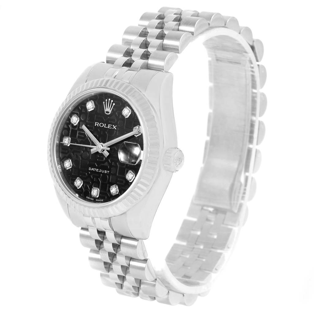 The image shows a Rolex Mid-Size 178274 Women's Stainless Steel Black Dial 178274 Women's Stainless Steel Black Dial Datejust watch at an oblique angle, highlighting the face, bezel, and bracelet.