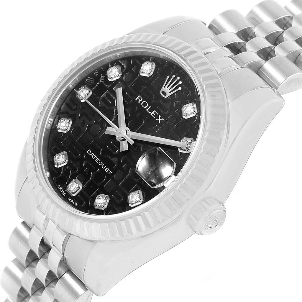 This image shows a close-up angled view of the Rolex Mid-Size 178274 Women's Stainless Steel Black Dial 178274 Women's Stainless Steel Black Dial Datejust watch, emphasizing the dial, bezel, and bracelet.