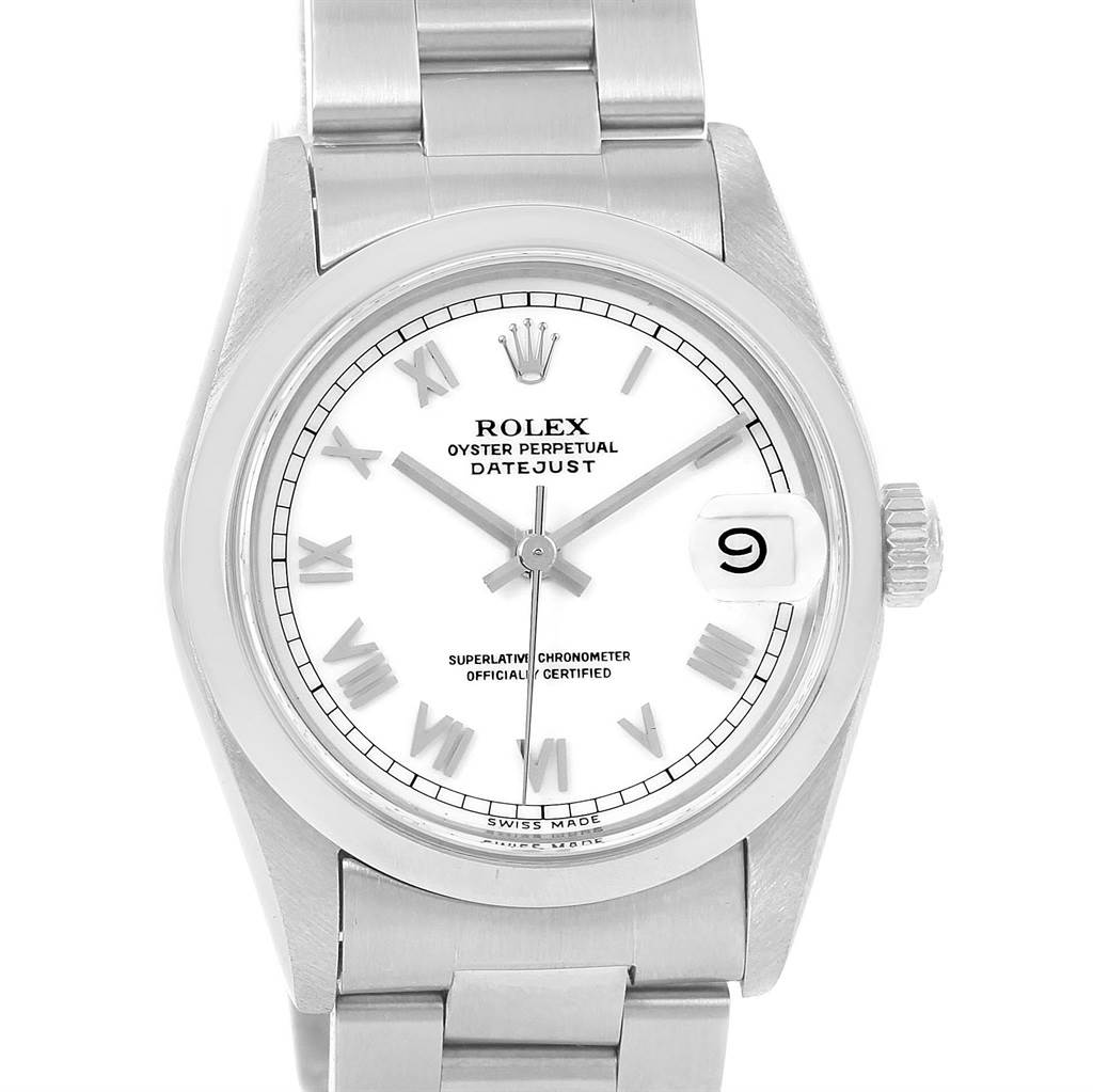 This image shows a frontal view of a Rolex Mid-Size 68240 Women's Stainless Steel White Dial 68240 Women's Stainless Steel White Dial Datejust watch, highlighting the dial, hands, bezel, and part of the bracelet.