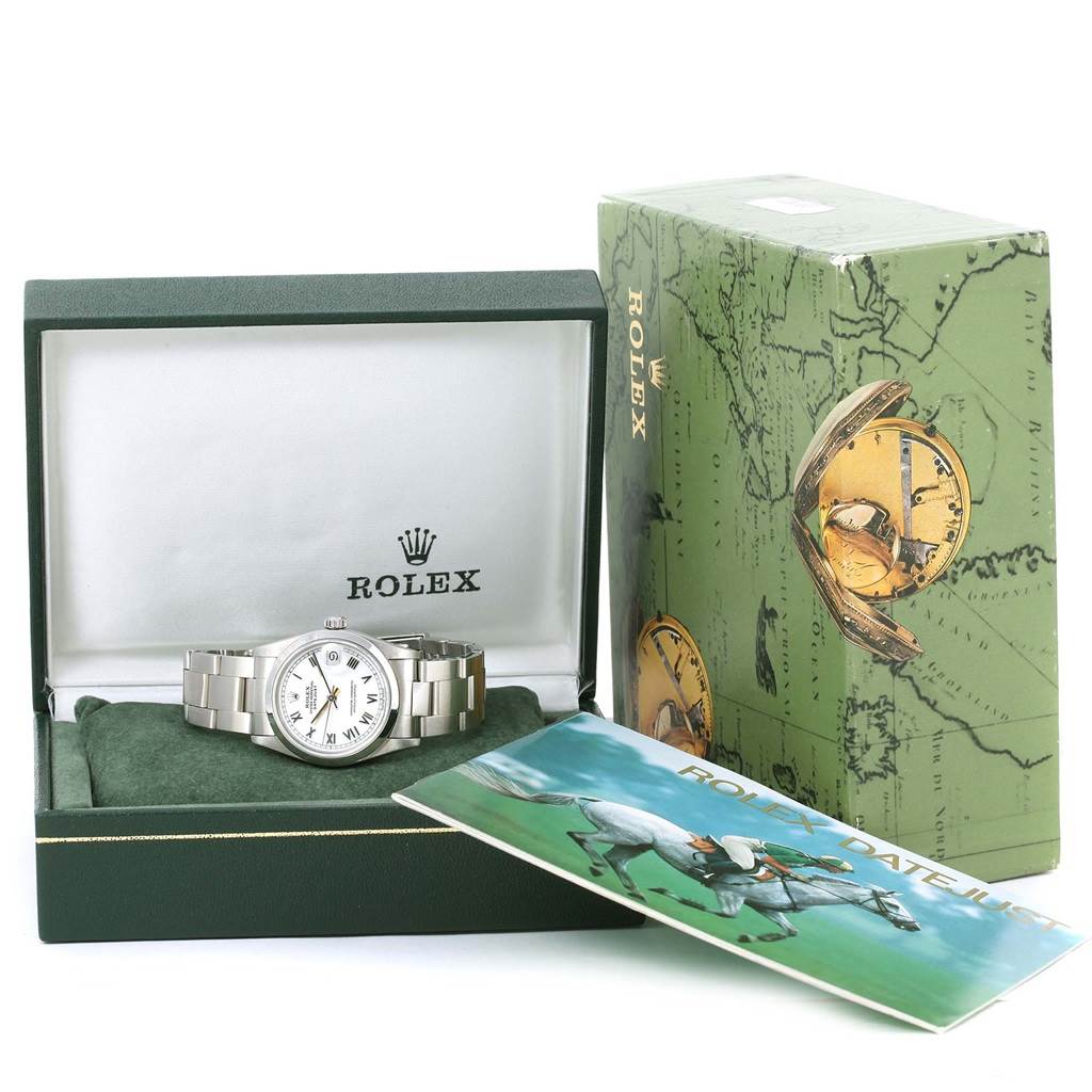 The image shows a Mid-Size Rolex watch in its open box, with the outer packaging and a brochure displayed.