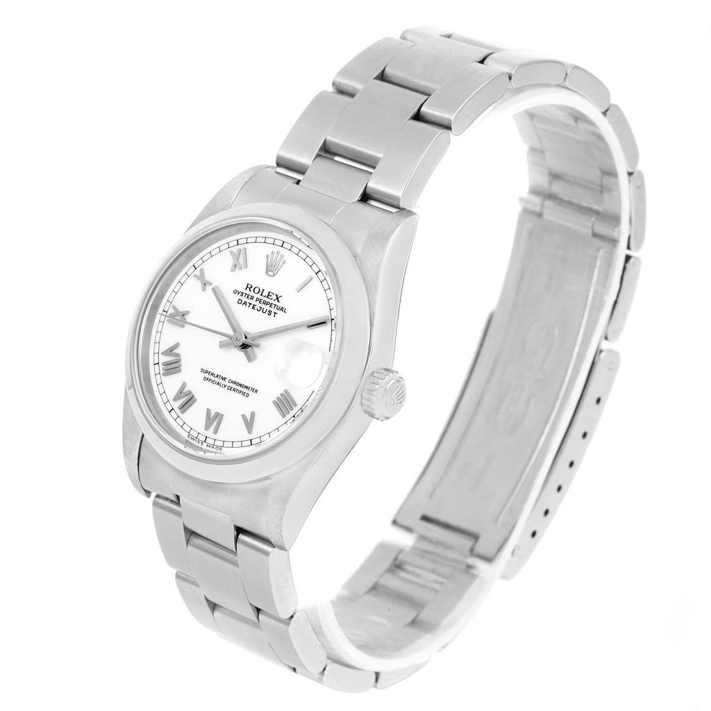 This image displays a Rolex Mid-Size 68240 Women's Stainless Steel White Dial 68240 Women's Stainless Steel White Dial model wristwatch at a side angle, showcasing the white dial, metal bracelet, and clasp.