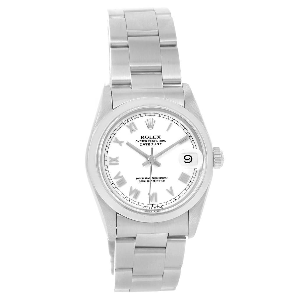 This is a front view of the Rolex Mid-Size 68240 Women's Stainless Steel White Dial 68240 Women's Stainless Steel White Dial Oyster Perpetual Datejust watch, showing the dial, case, and bracelet.