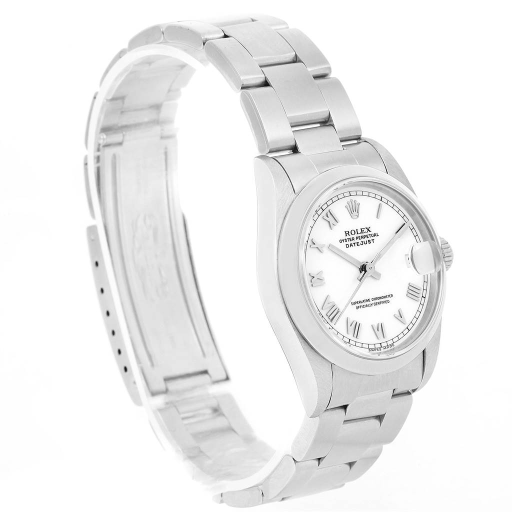 The image shows a side angle of a Rolex Mid-Size 68240 Women's Stainless Steel White Dial 68240 Women's Stainless Steel White Dial Datejust watch, displaying the bracelet, case, dial, and crown.
