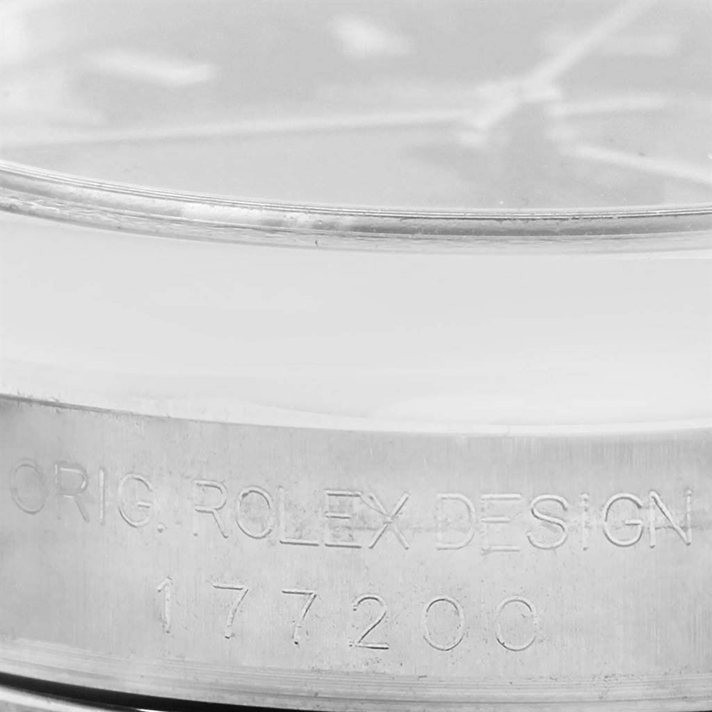 This image shows a close-up angle of a Mid-Size Rolex watch, highlighting the side with "ORIG. ROLEX DESIGN 177200" engraved.