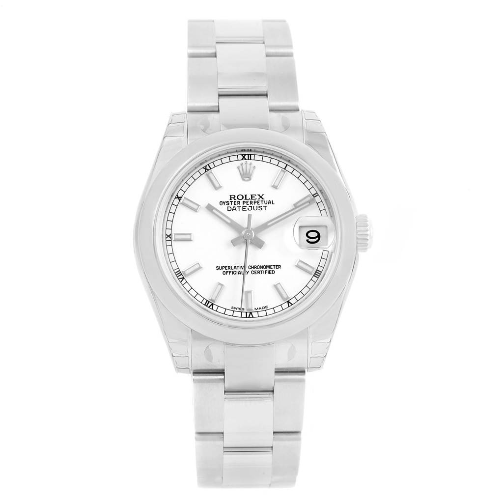 The image shows a front view of a Rolex Oyster Perpetual Datejust Mid-Size watch, displaying the dial, date window, and bracelet.