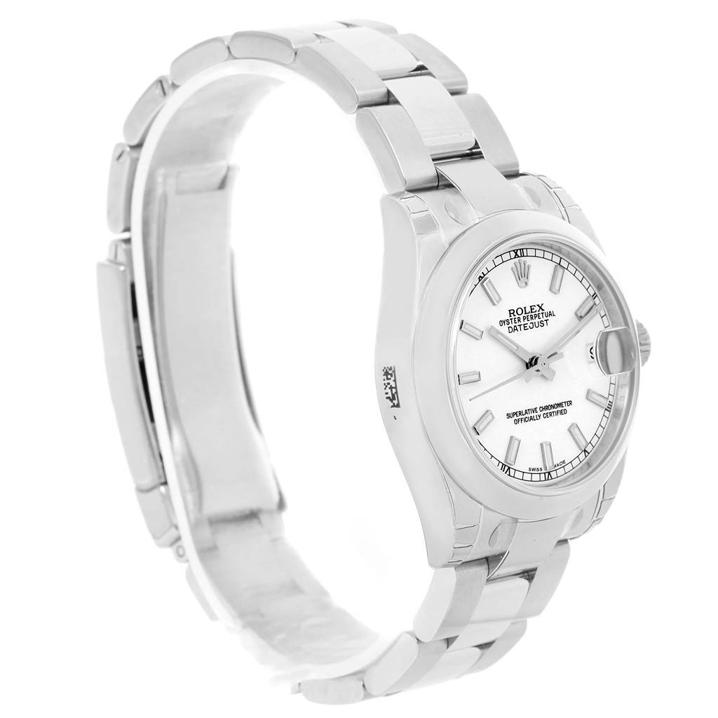 This image shows the front and side view of a Rolex Mid-Size 178240WSO Women's Stainless Steel White Dial 178240WSO Women's Stainless Steel White Dial Oyster Perpetual Datejust, highlighting the bracelet and face.