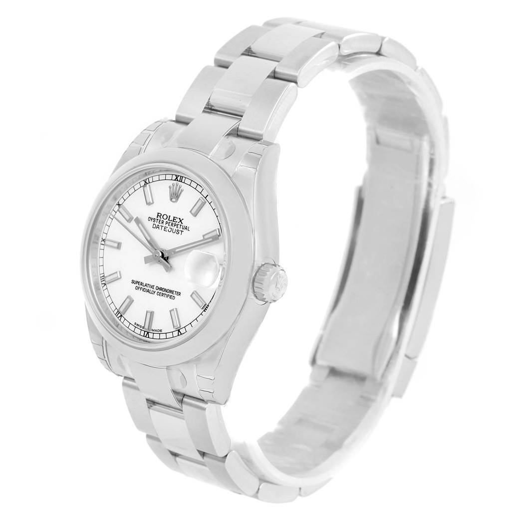 This image shows a side and top view of the Rolex Mid-Size 178240WSO Women's Stainless Steel White Dial 178240WSO Women's Stainless Steel White Dial Oyster Perpetual Datejust watch, highlighting the face, bezel, and bracelet.