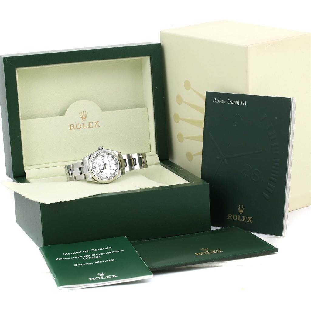 The image shows a Rolex Mid-Size 178240WSO Women's Stainless Steel White Dial 178240WSO Women's Stainless Steel White Dial Datejust watch in its open box, accompanied by manuals and a larger outer box.