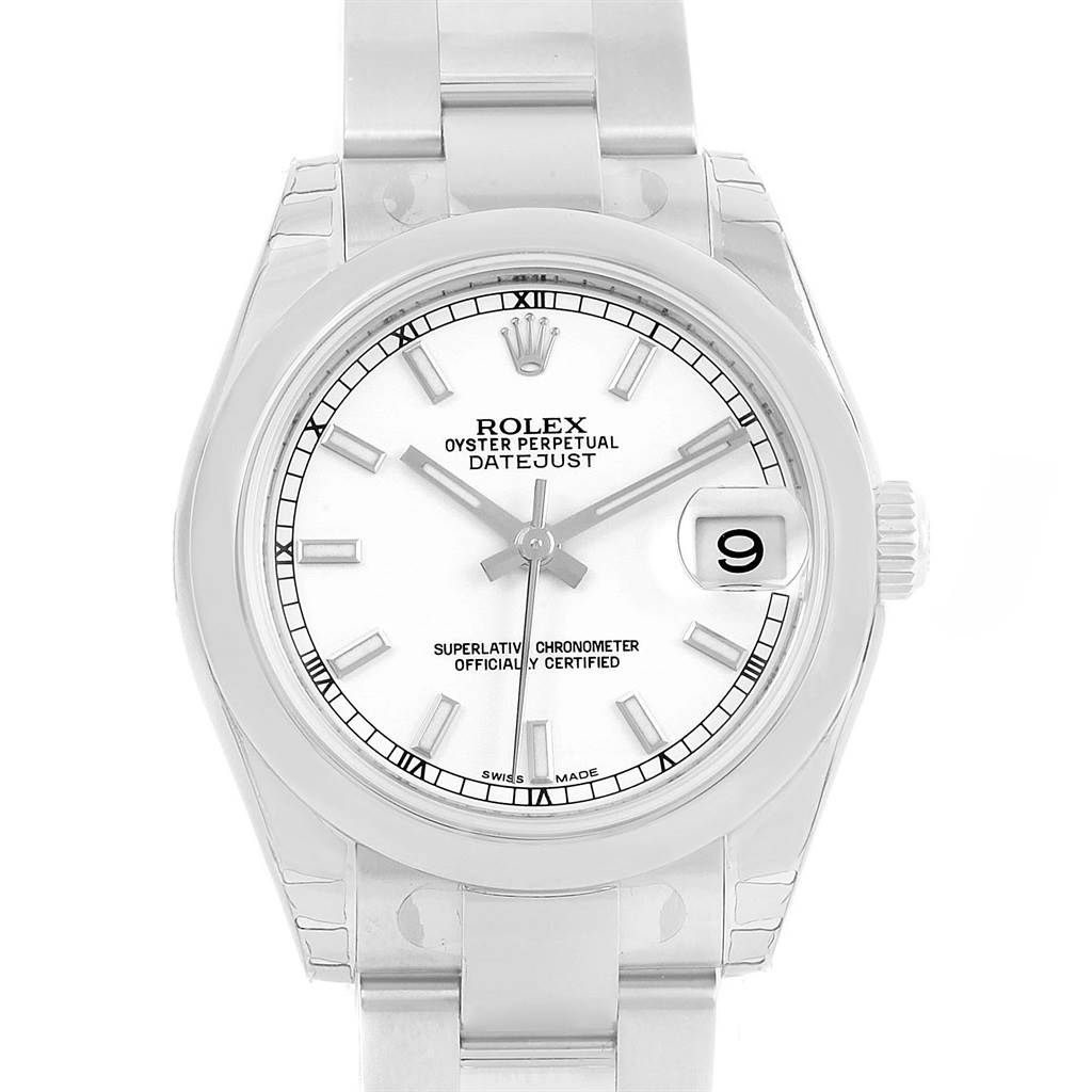 The image shows a front angle view of a Rolex Oyster Perpetual Datejust Mid-Size watch, highlighting the dial, hands, and bracelet.