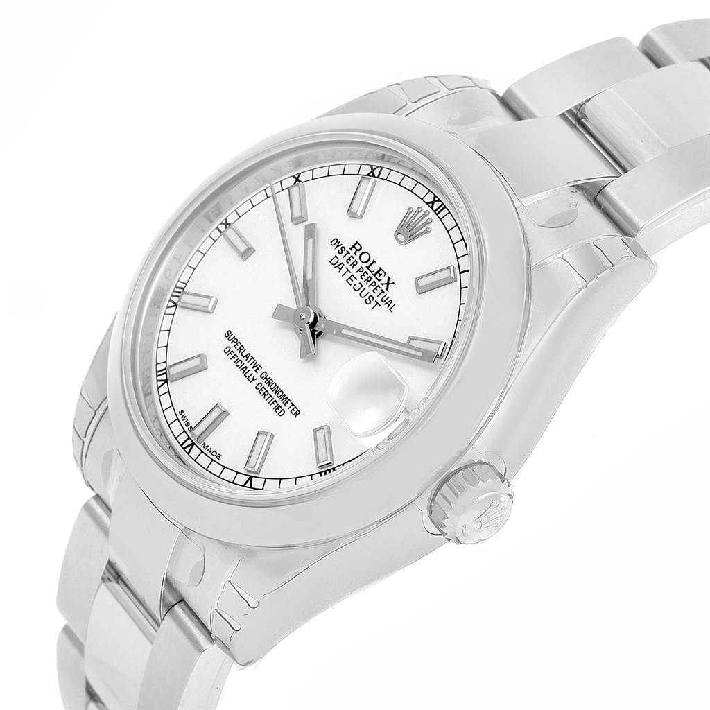 The image shows a Rolex Mid-Size 178240WSO Women's Stainless Steel White Dial 178240WSO Women's Stainless Steel White Dial Datejust watch at an angled view highlighting its dial, case, and part of its bracelet.