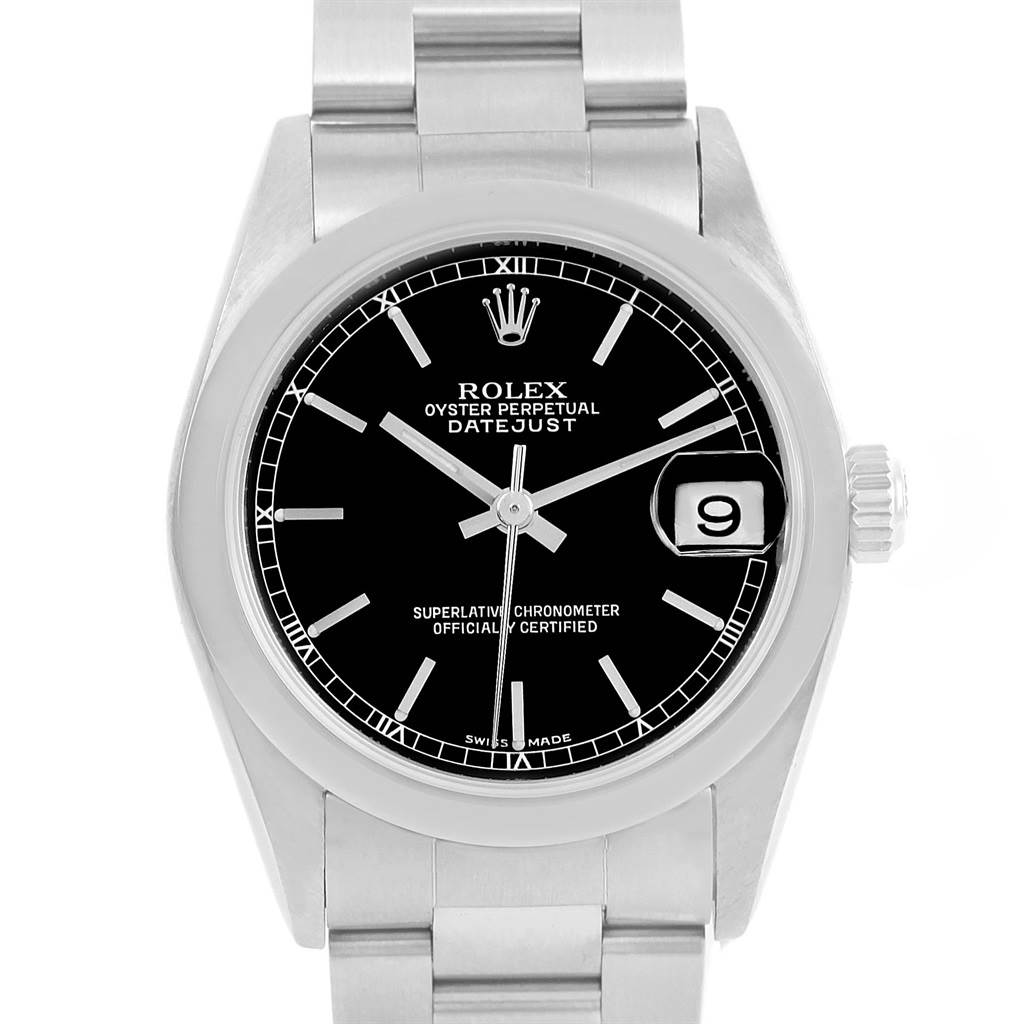 This image shows a front view of the Rolex Mid-Size 78240 Women's Stainless Steel Black Dial 78240 Women's Stainless Steel Black Dial Datejust watch, highlighting the black dial and date window.