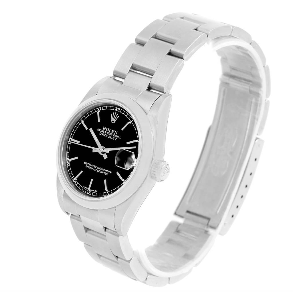 The Rolex Mid-Size 78240 Women's Stainless Steel Black Dial 78240 Women's Stainless Steel Black Dial model watch is shown at a front-facing angle highlighting its black dial, stainless steel case, and bracelet.