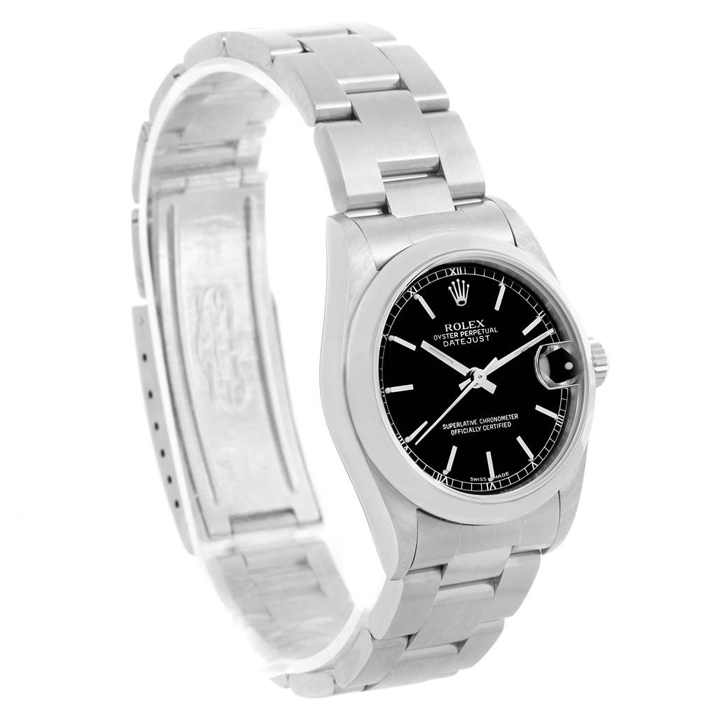 The image shows a side angle of a Rolex Mid-Size 78240 Women's Stainless Steel Black Dial 78240 Women's Stainless Steel Black Dial Oyster Perpetual Datejust watch, showcasing the dial, bracelet, and clasp.