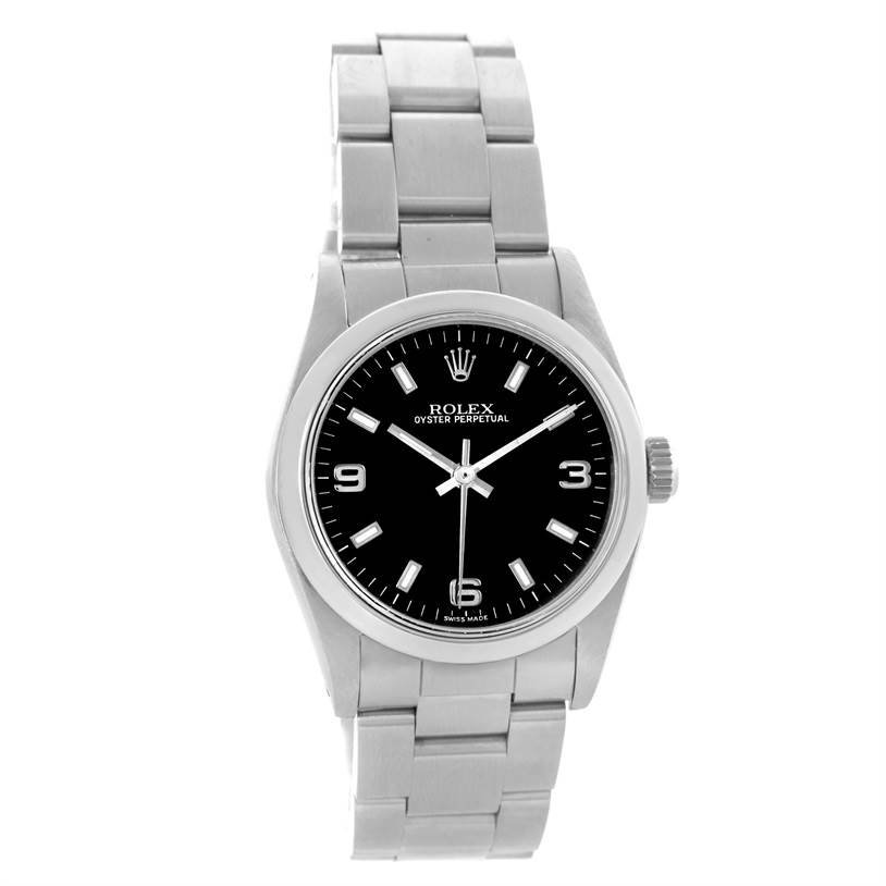 This image shows a front view of a Mid-Size Rolex Oyster Perpetual watch with a black dial and silver bracelet.
