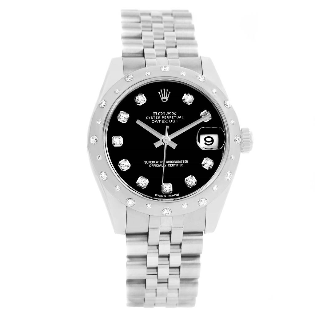 The image shows a front view of a Rolex Oyster Perpetual Datejust Mid-Size watch, highlighting its dial, bezel, and bracelet.