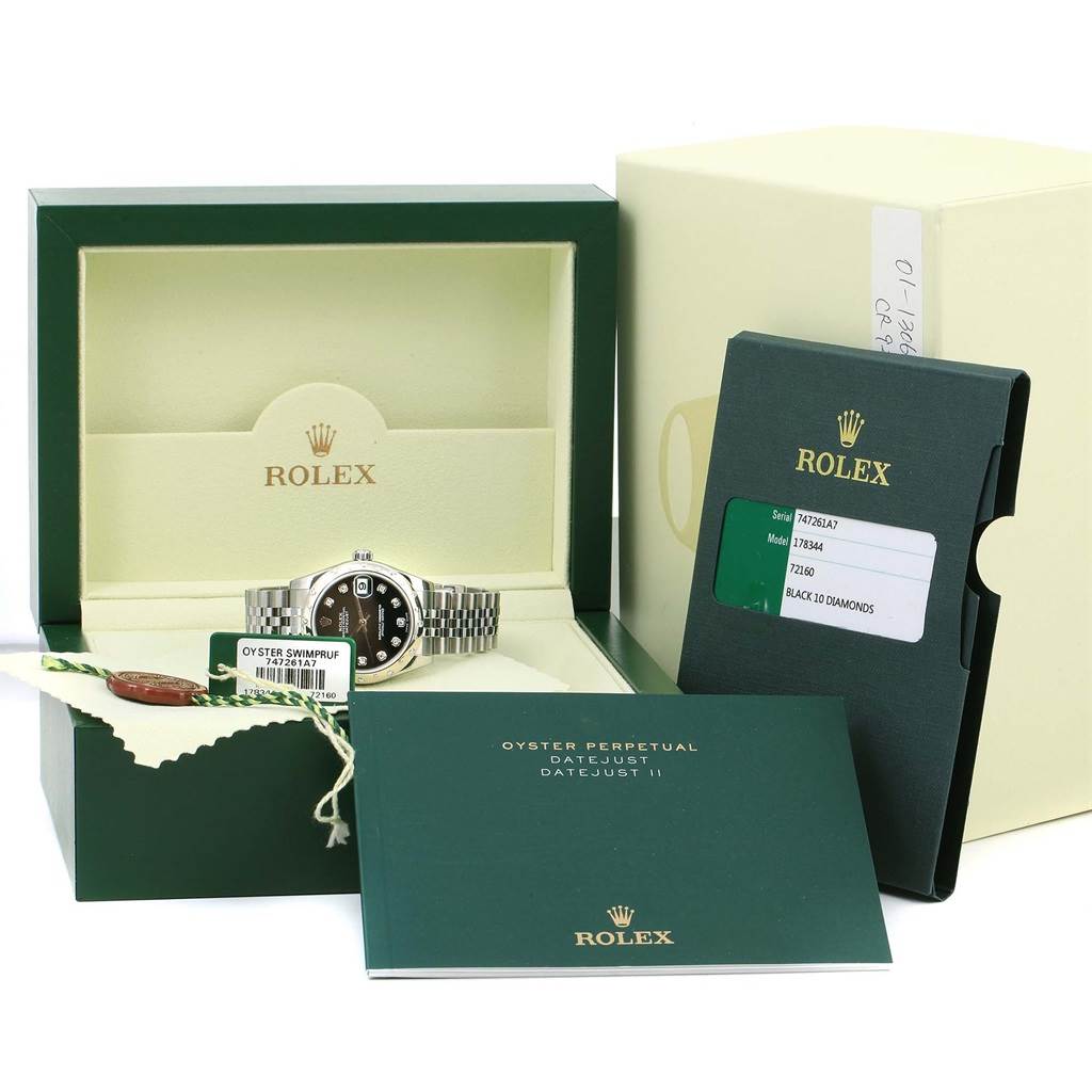 The image shows a Rolex Mid-Size 178344 Women's Stainless Steel Black Dial 178344 Women's Stainless Steel Black Dial model watch with its box, pamphlet, and certification card, viewed from the front.