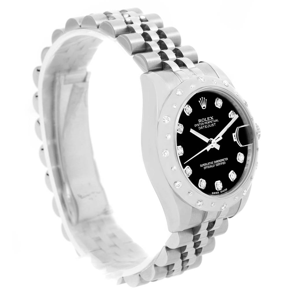 The Rolex Mid-Size 178344 Women's Stainless Steel Black Dial 178344 Women's Stainless Steel Black Dial Oyster Perpetual Datejust is displayed at a 3/4 side angle, showing the bracelet, bezel, and dial.