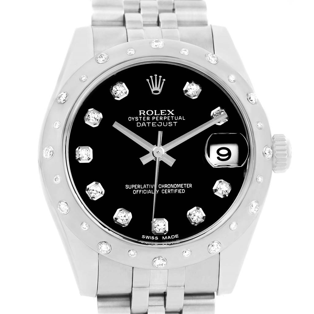 This image shows the face and bracelet of a mid-size Rolex Datejust watch, viewed from the front.