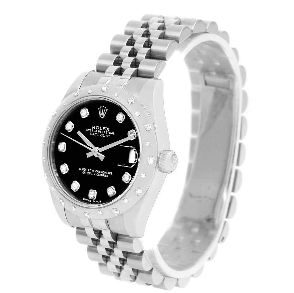 The Rolex Mid-Size 178344 Women's Stainless Steel Black Dial 178344 Women's Stainless Steel Black Dial Oyster Perpetual Datejust watch is shown at an angled front view, displaying the dial, bezel, case, and bracelet.