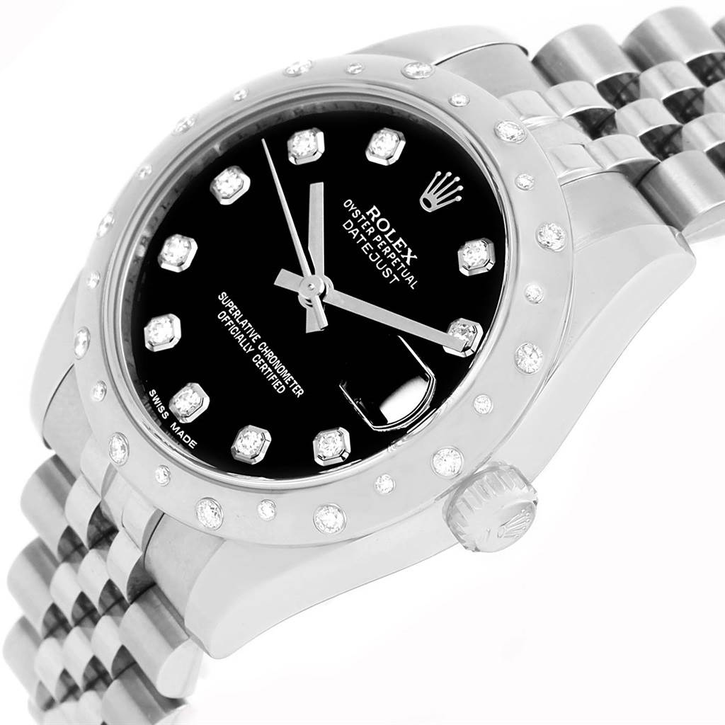 This image of a Rolex Mid-Size 178344 Women's Stainless Steel Black Dial 178344 Women's Stainless Steel Black Dial Datejust watch shows the front face, bezel, dial, and part of the bracelet at an angled view.