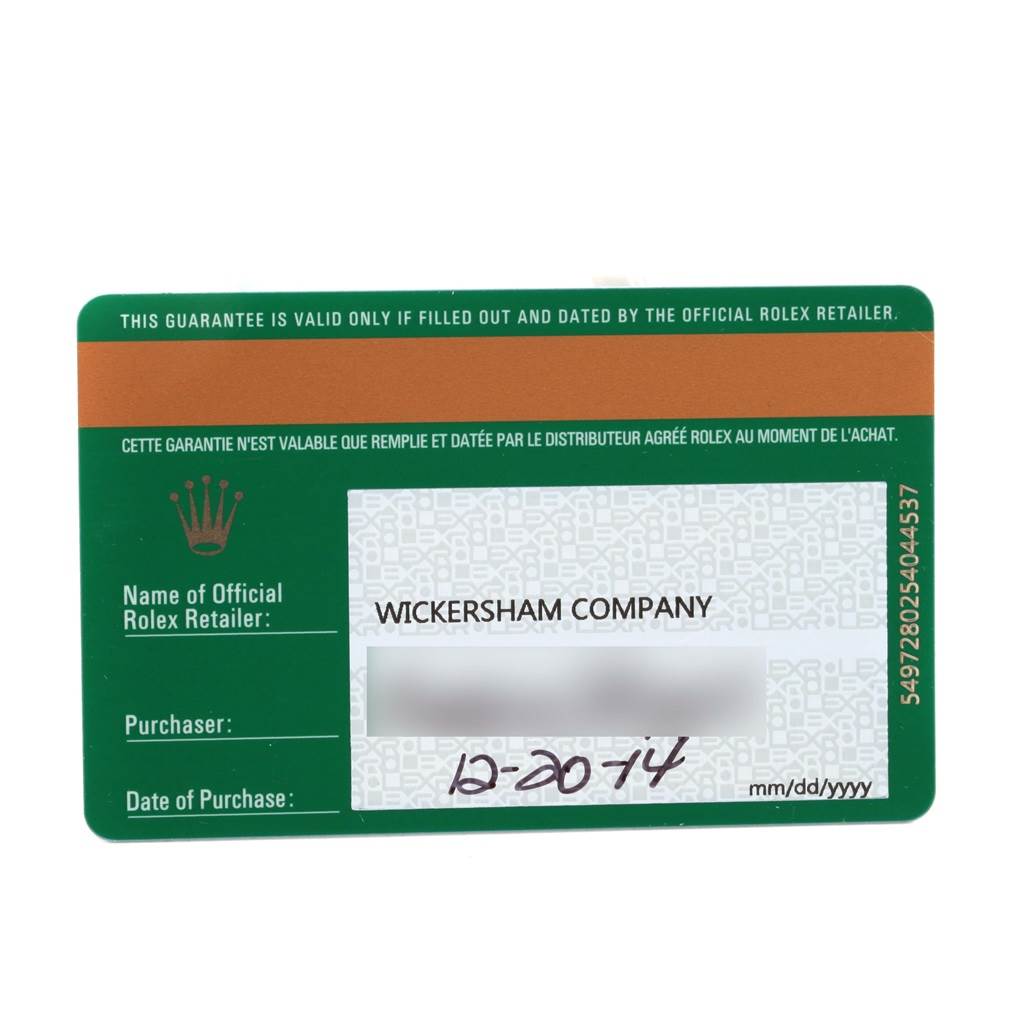 This image shows a warranty card for a Mid-Size Rolex watch, including retailer and purchase information.