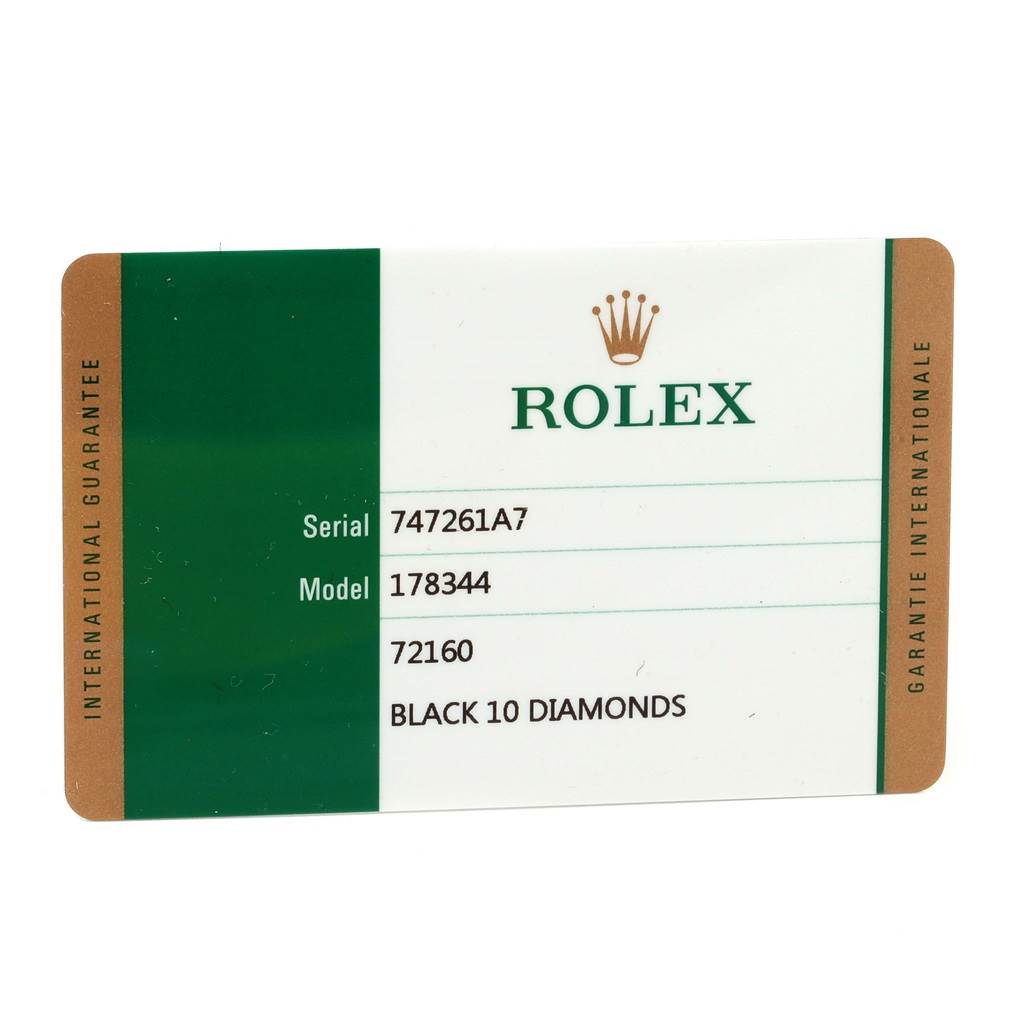 The image shows a Rolex warranty card for the Mid-Size model 178344, indicating the serial number and diamond details.