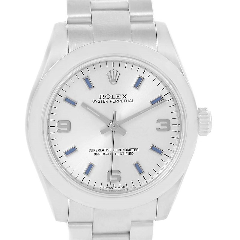 Rolex Midsize Silver Dial Blue Hour Markers Steel Ladies Watch 177200 SwissWatchExpo