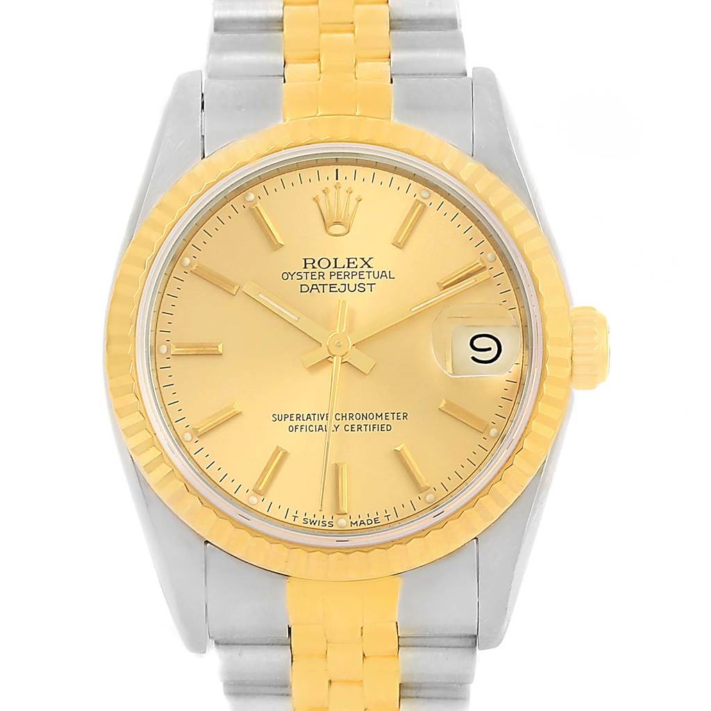 This is a front view of a Rolex Oyster Perpetual Datejust Mid-Size watch showing the dial, bezel, and part of the bracelet.