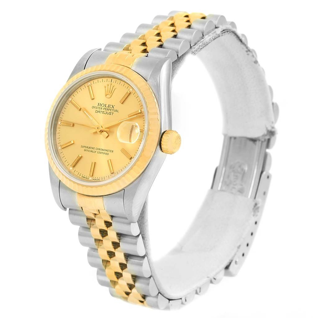 This is a Mid-Size Rolex Oyster Perpetual Datejust watch shown at a three-quarter angle, highlighting the dial, bezel, crown, and bracelet.
