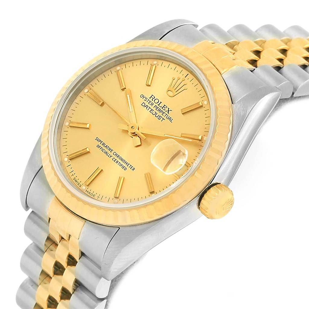 The image shows a side-angle view of a Rolex Oyster Perpetual Datejust Mid-Size watch, focusing on the dial, crown, and part of the bracelet.