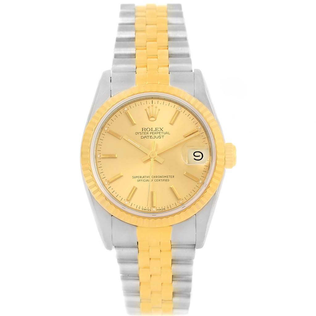 This image shows a frontal view of a Rolex Oyster Perpetual Datejust Mid-Size model, highlighting its face and two-tone bracelet.