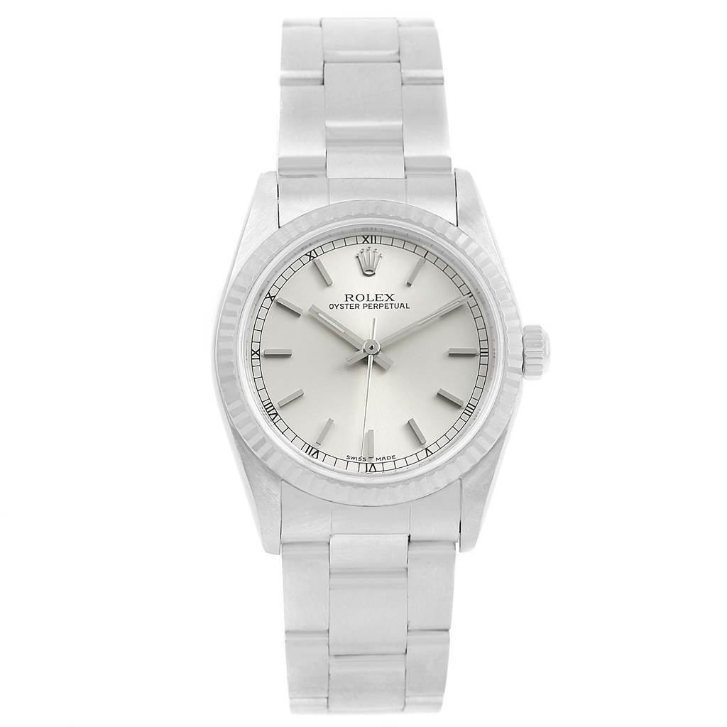 The image shows a front view of a Rolex Oyster Perpetual Mid-Size watch, displaying the dial, bezel, and bracelet.