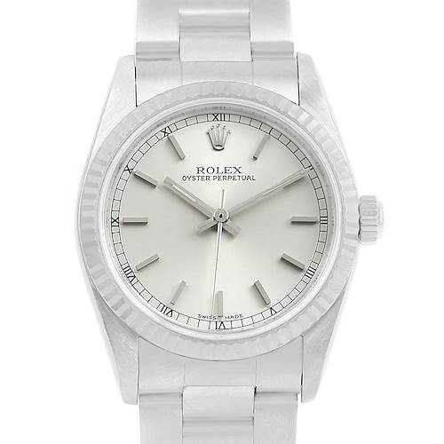 Photo of Rolex Midsize Steel 18K White Gold Silver Dial Ladies Watch 77014