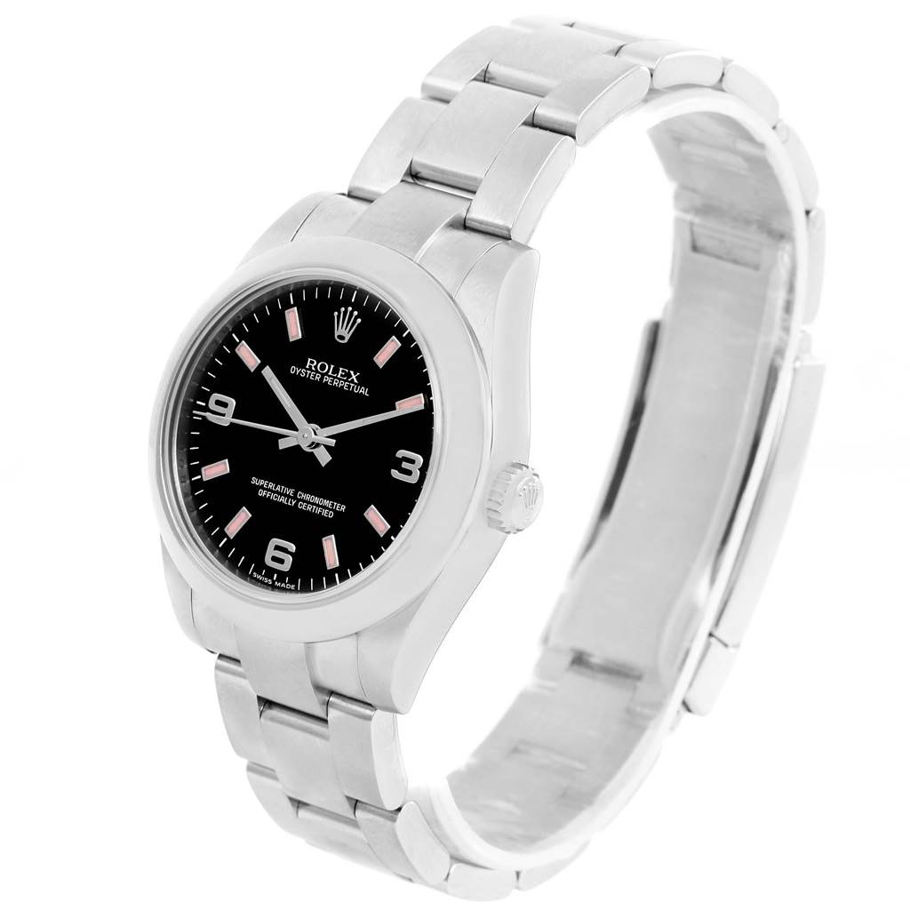 The image shows a Rolex Mid-Size 177200 Women's Stainless Steel Black Dial 177200 Women's Stainless Steel Black Dial Oyster Perpetual watch from an angled side view, highlighting the bracelet, case, and dial.