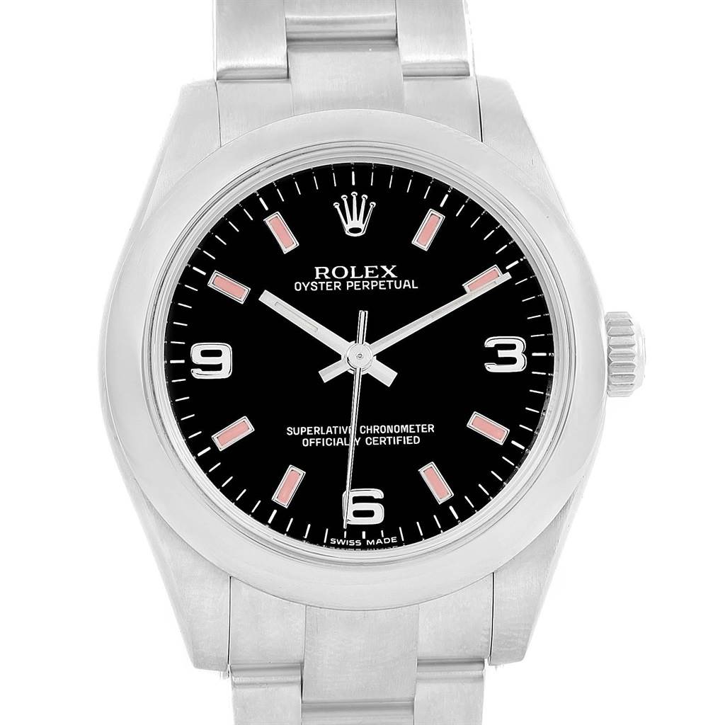 This image shows a front view of the Rolex Oyster Perpetual Mid-Size watch, highlighting the dial, hands, bezel, and part of the bracelet.