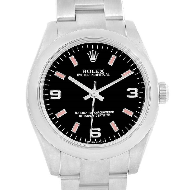 Rolex Midsize Black Dial Pink Hour Markers Steel Ladies Watch 177200 SwissWatchExpo