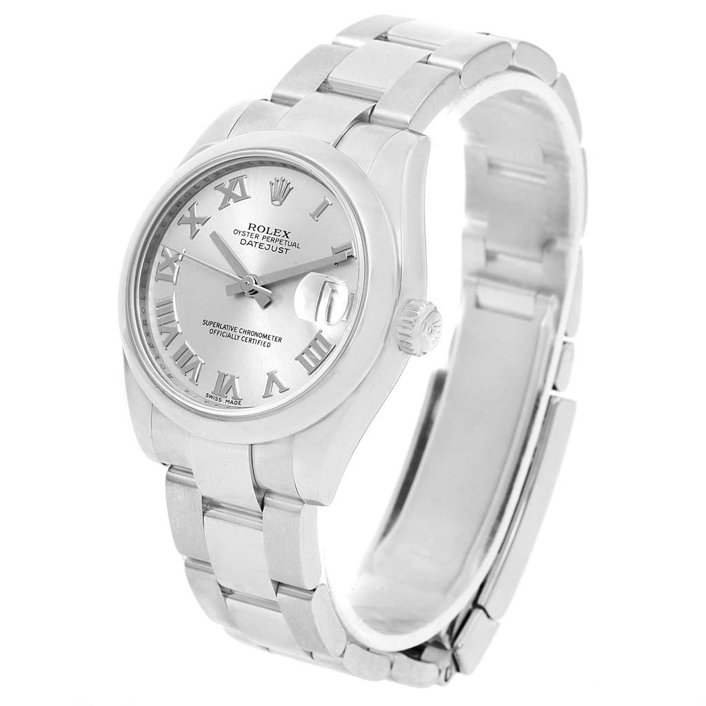 The Rolex Datejust Mid-Size model is shown at a three-quarter angle, highlighting its face, bezel, crown, and bracelet.