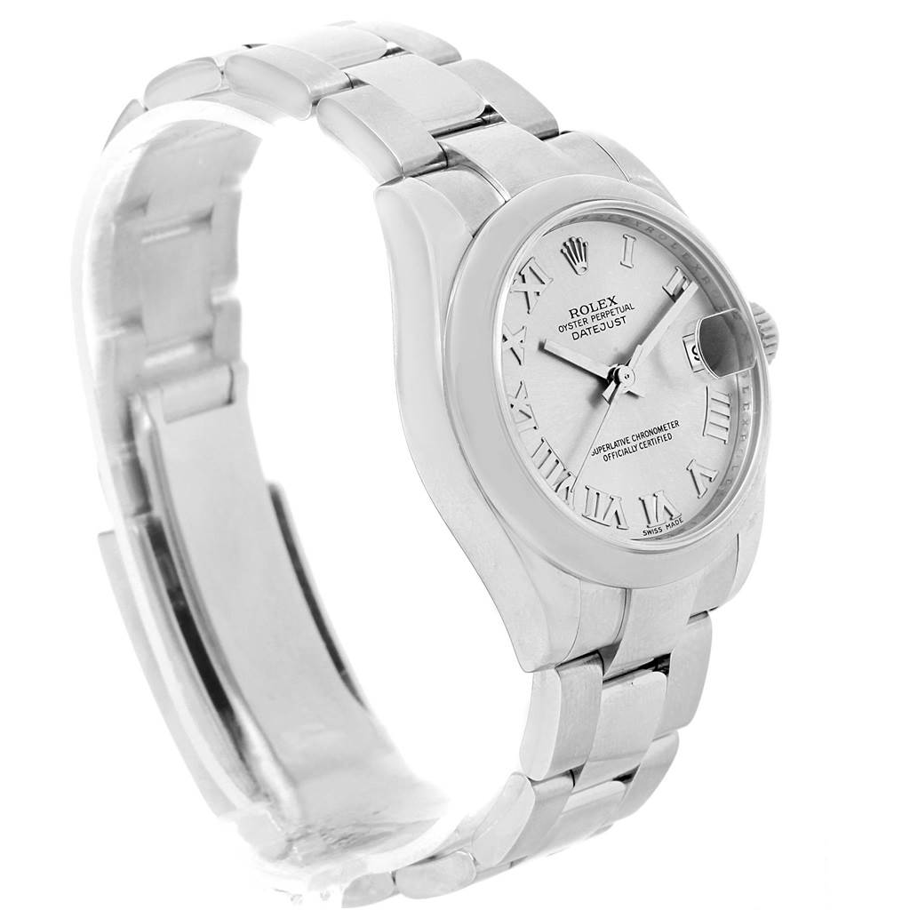 The image shows a side angle of a Rolex Mid-Size 178240 Women's Stainless Steel Grey Dial 178240 Women's Stainless Steel Grey Dial Datejust watch, highlighting its face, bracelet, and clasp.