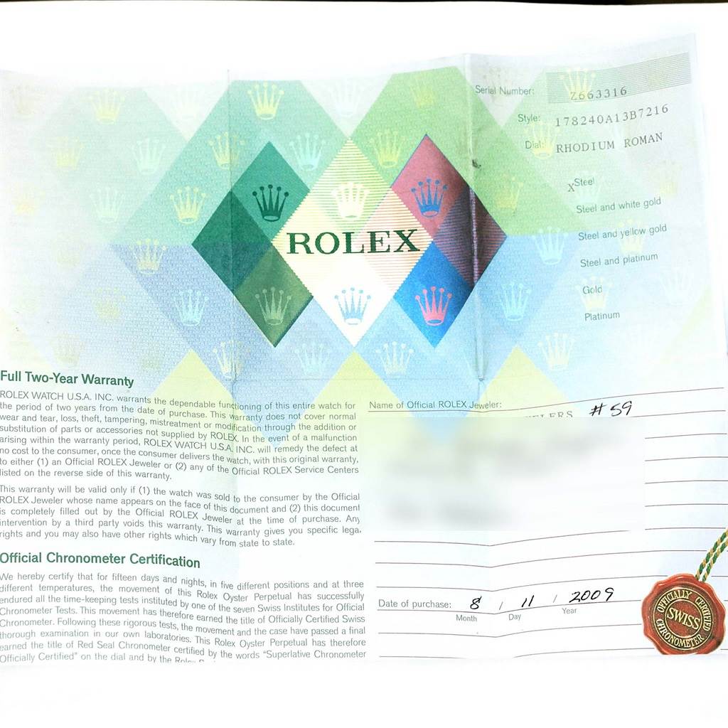 This image shows the warranty card and certifications for a Rolex Mid-Size 178240 Women's Stainless Steel Grey Dial 178240 Women's Stainless Steel Grey Dial model watch.