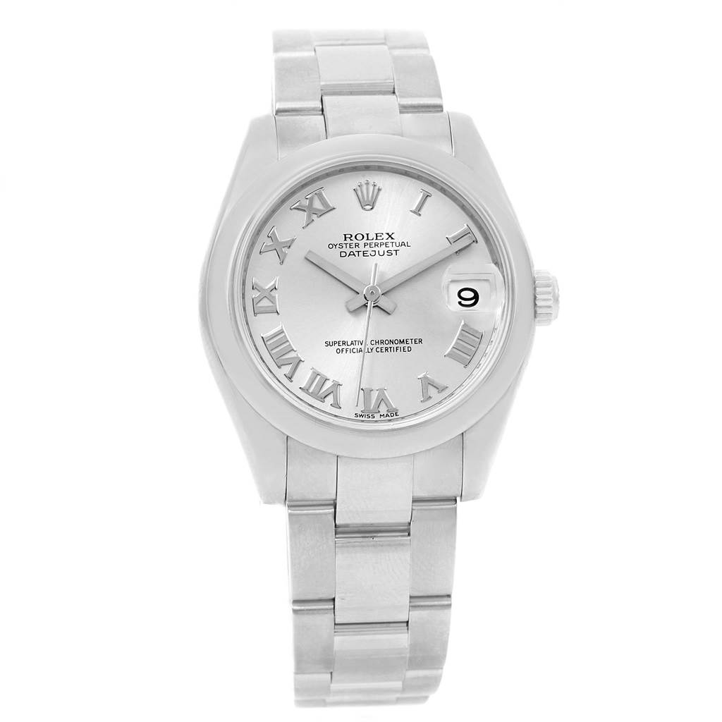 This image shows a front view of the Rolex Oyster Perpetual Datejust Mid-Size model, highlighting the dial, hands, and bracelet.