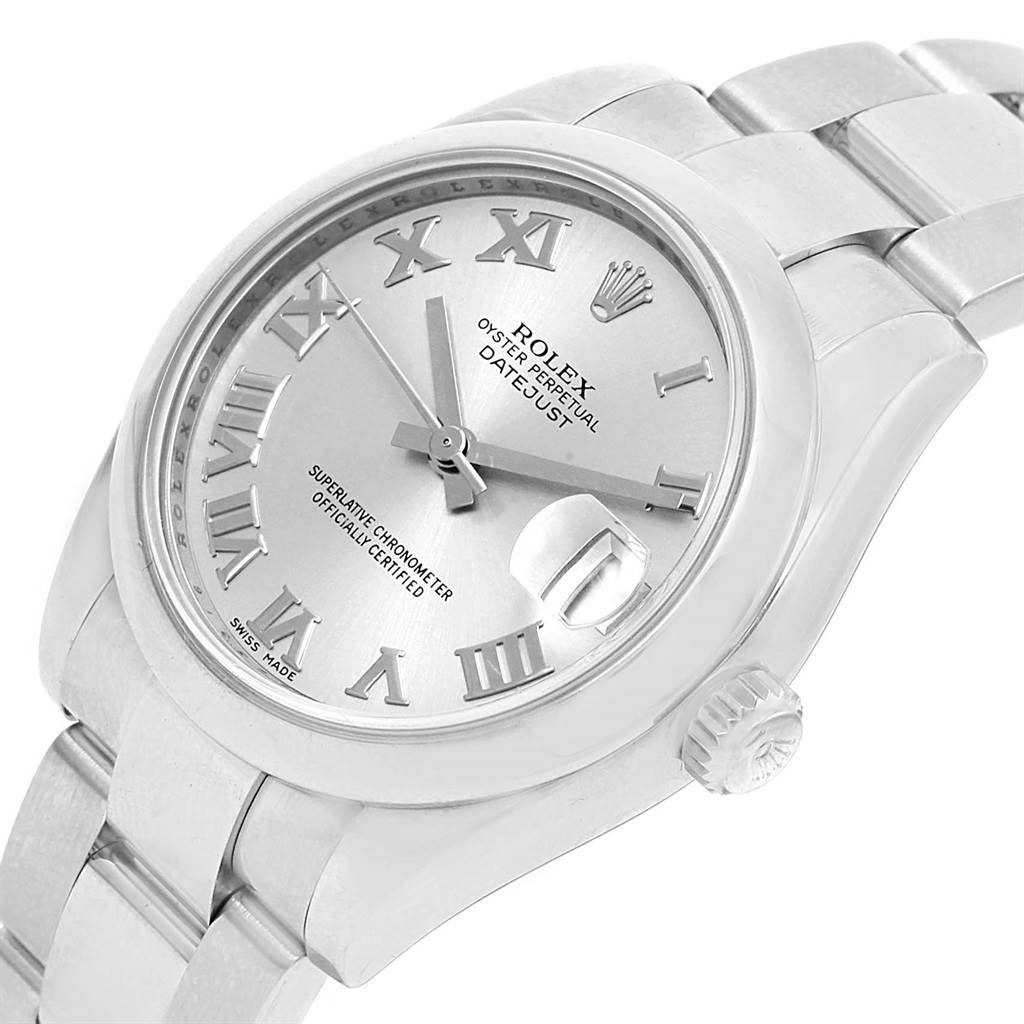 The image shows a Rolex Mid-Size 178240 Women's Stainless Steel Grey Dial 178240 Women's Stainless Steel Grey Dial Datejust watch, focusing on the dial, crown, and part of the bracelet from an angled view.