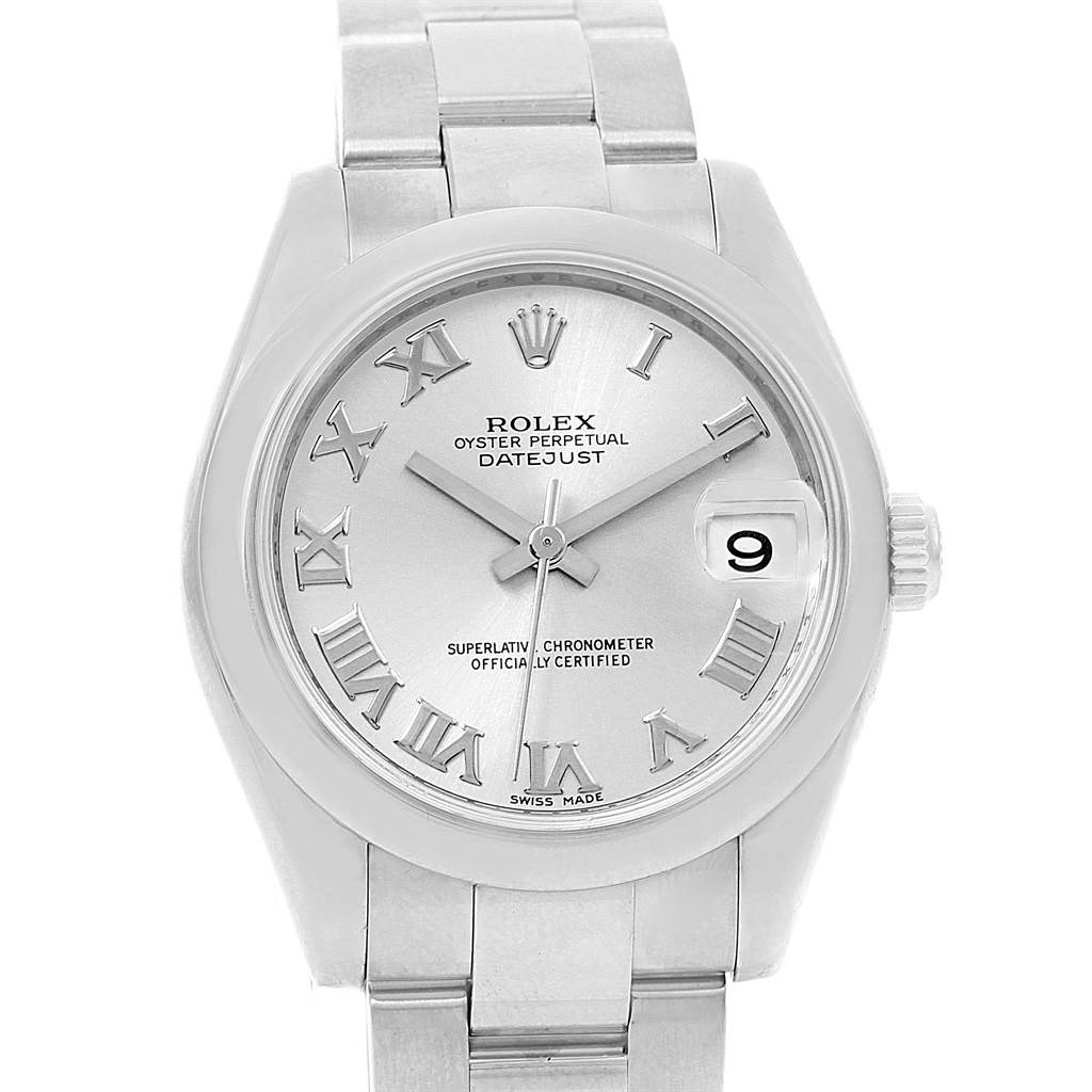 The image shows a front view of the Rolex Mid-Size 178240 Women's Stainless Steel Grey Dial 178240 Women's Stainless Steel Grey Dial Datejust watch, highlighting the dial, hands, date window, and part of the metal bracelet.