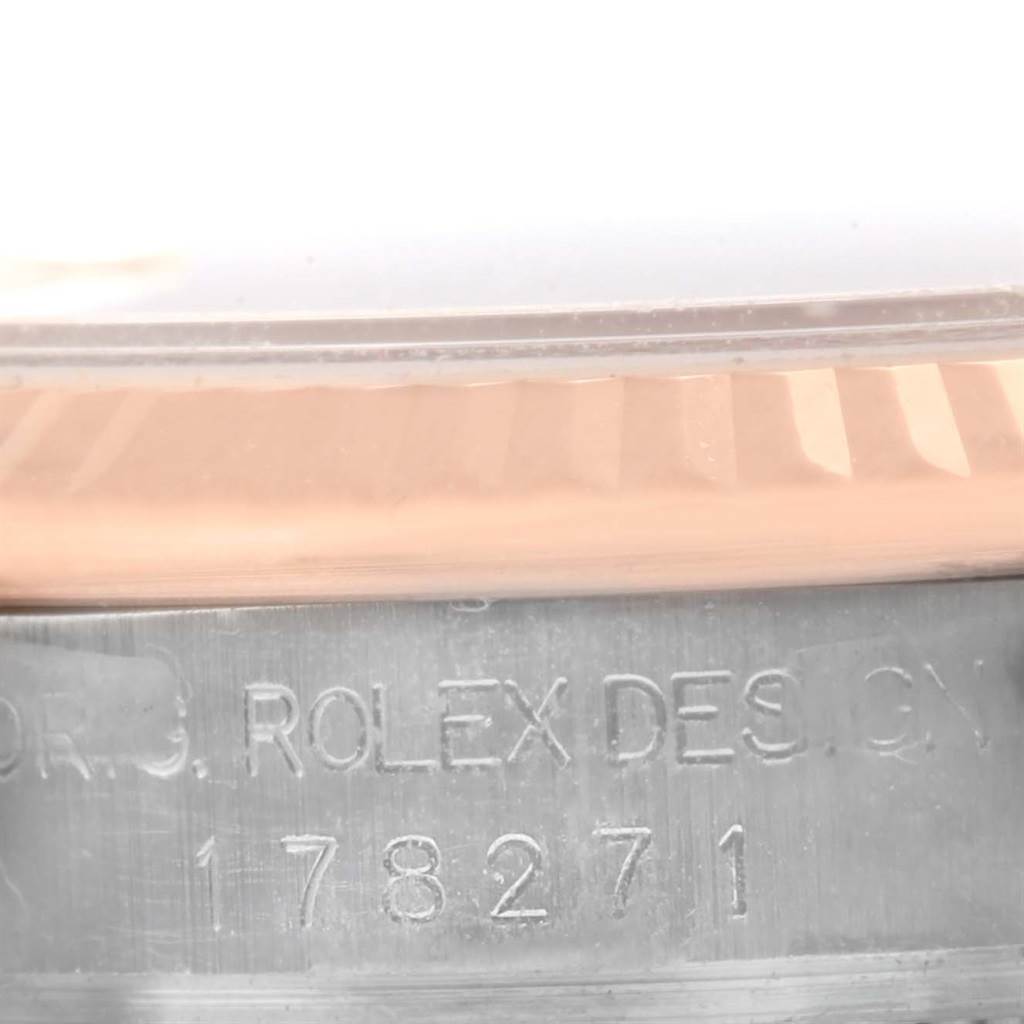This image shows a close-up of the side of a Rolex Mid-Size 178271 Women's Steel and Gold (two tone) Pink Dial 178271 Women's Steel and Gold (two tone) Pink Dial watch case, revealing the model number 178271.